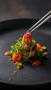 Chef plating modern fusion dish with tweezers microgreens and artistic sauce dots
