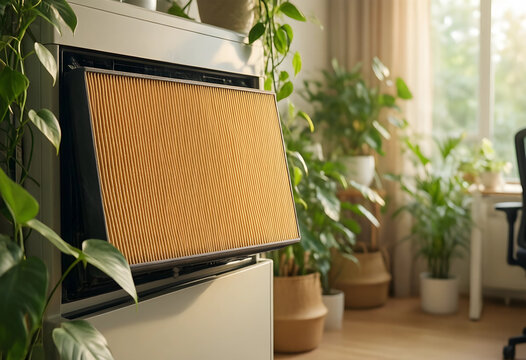 Air quality and home health, air purifier filter replacement for clean indoor environment and allergy prevention in a bright living room with plants