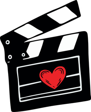 Valentine's Day clapper board with red heart, romantic movie themed vector illustration for February 14 design