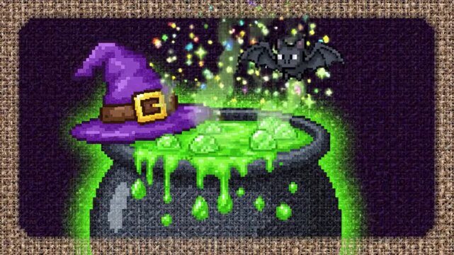 Retro 16-Bit Pixel Art Halloween Animation of Bubbling Green Cauldron and Flying Bat with Cross Stitch Texture