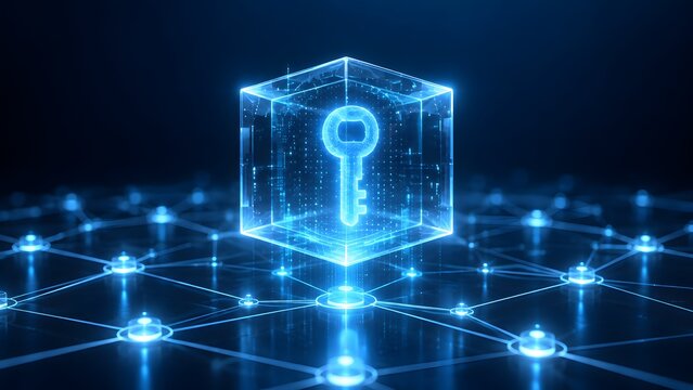 Futuristic digital encryption key inside a glowing transparent cube on a network grid representing secure data access and advanced cybersecurity authentication