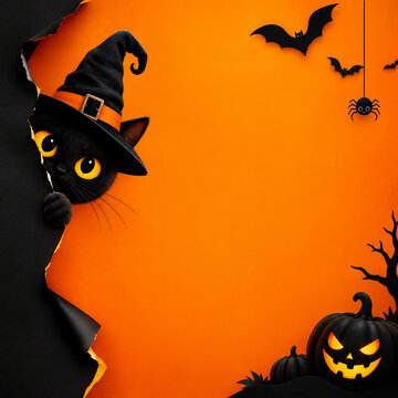 Black cat wearing a witch hat peeking from a torn paper background for halloween