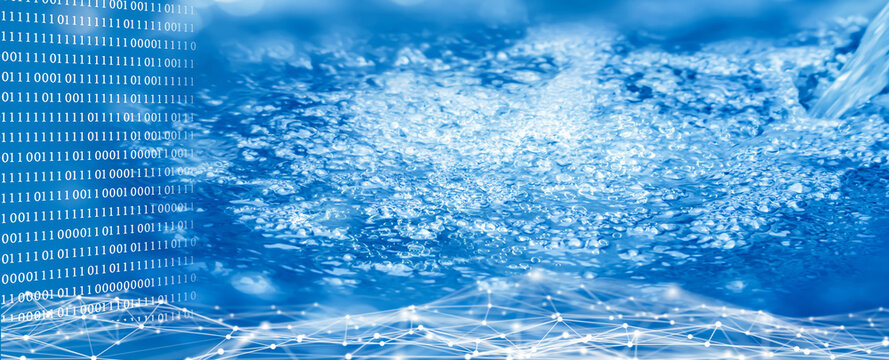 close-up of flowing water with digital mesh wave and binary code overlay, concept background with copy space for digitization of water resources, environment and water meter technology