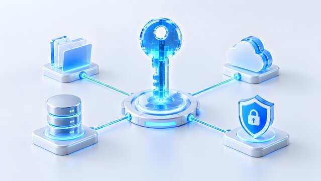 Glowing digital encryption key connected to secure folder cloud storage database server and privacy protection shield on a modern clean background