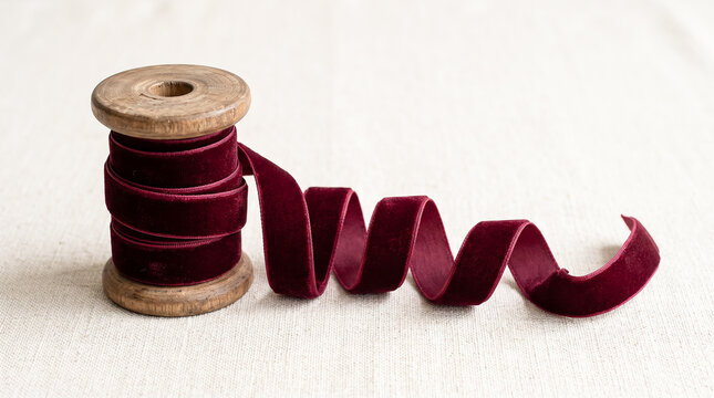 Wooden spool of burgundy velvet ribbon on linen