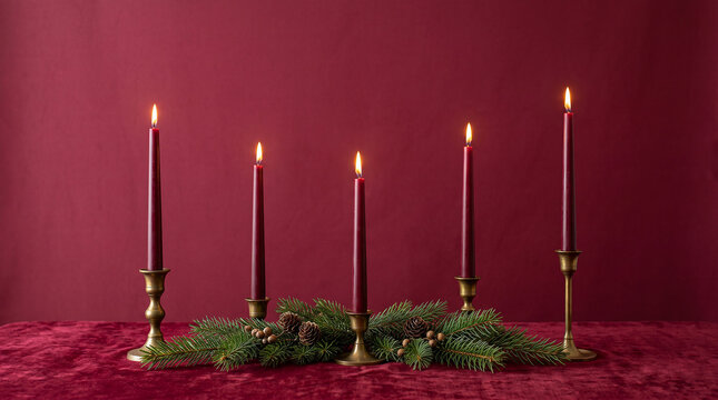 Burgundy taper candles in brass holders with fir sprigs