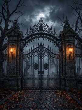 Ornate wrought iron cemetery gate at midnight with glowing lanterns and a full moon shining over a spooky graveyard