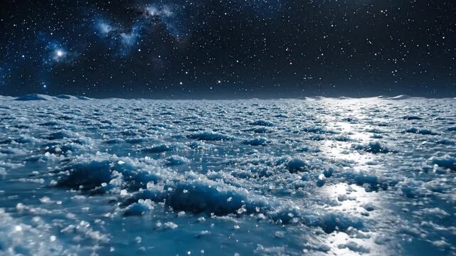 Glistening frozen ice field under a brilliant starlit night sky showcasing sparkling crystals and distant stars.