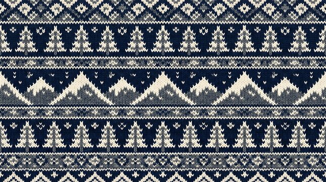 Navajo inspired geometric knit pattern with trees and mountains in navy blue and cream tones
