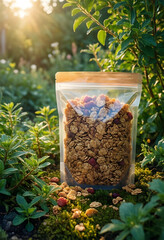 Fototapeta premium Healthy breakfast and organic nutrition, granola with dried berries in a sustainable pouch packaging outdoors in a garden with natural morning sunlight