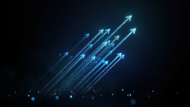 Numerous glowing blue arrows ascend in a dark abstract space. This image represents growth and progress in technology.
