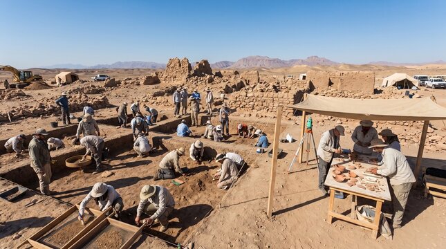 Archaeologists uncovering ancient ruins and artifacts at an active archaeological excavation site in a desert landscape