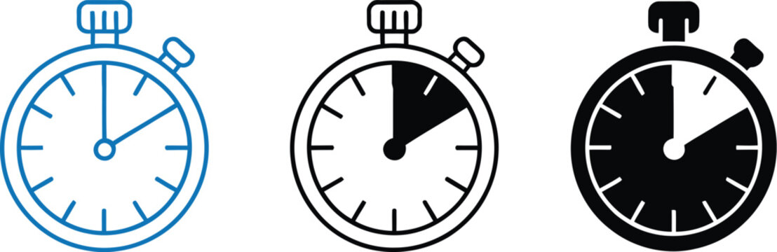 Stopwatch multiple style icon set vector, including analog and digital timer icons, time tracking and measurement symbols, duration management, countdown, scheduling, productivity, and clean vector il