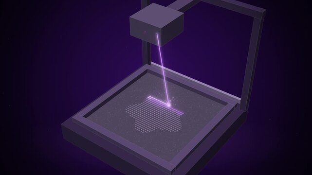Purple laser beam scanning metal powder bed in 3d printing