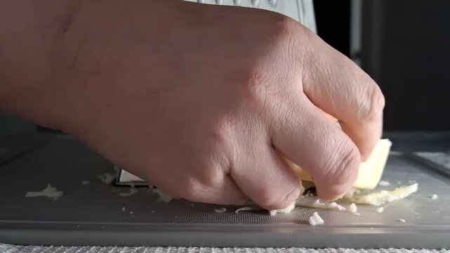Hands are grating soft Sulguni cheese on a metal grater in preparation for a home celebration