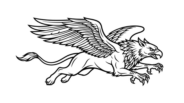 Mythological Griffin Mascot Vector Illustration - Black and White Line Art of a Flying Gryphon Creature