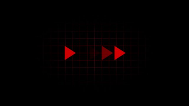 Digital grid with fast forward play button animation in red, showing progress and speed on dark background.