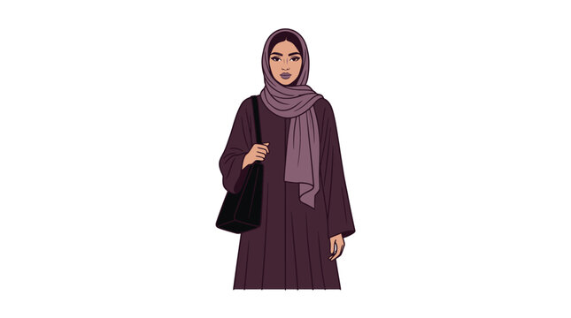 Muslim woman in a plum-colored abaya and coordinating hijab carries a black shoulder bag, representing a blend of traditional modesty and everyday practicality.