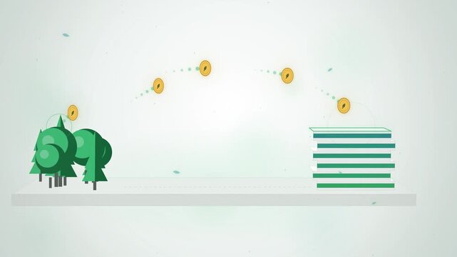 Carbon credit coins flowing from forest into ledger seamless loop
