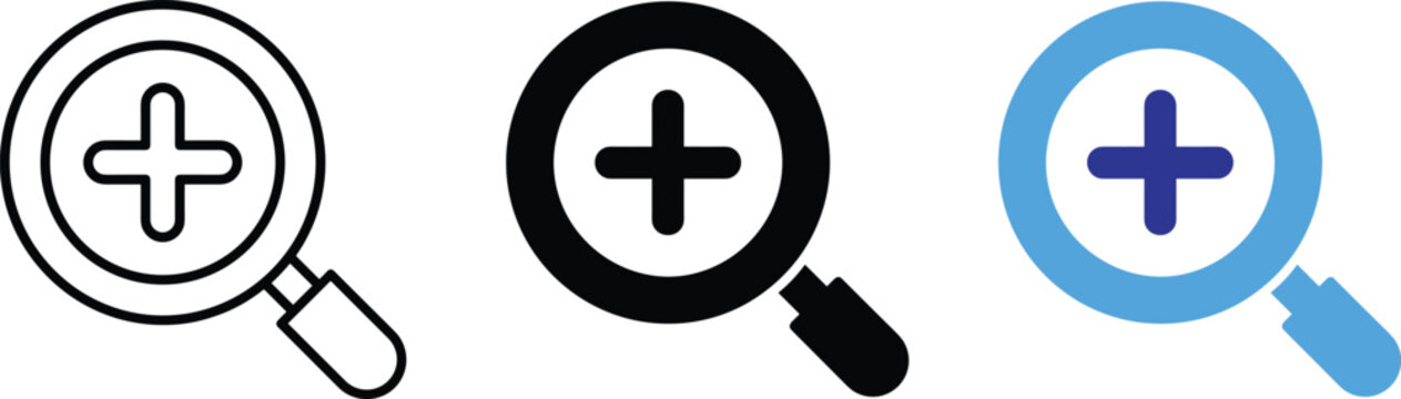 Magnifying glass zoom in icon set vector illustration for search and enlargement functionality