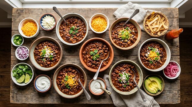 Bowls of chili con carne with various toppings served on a rustic wooden table from above. chili cookoff