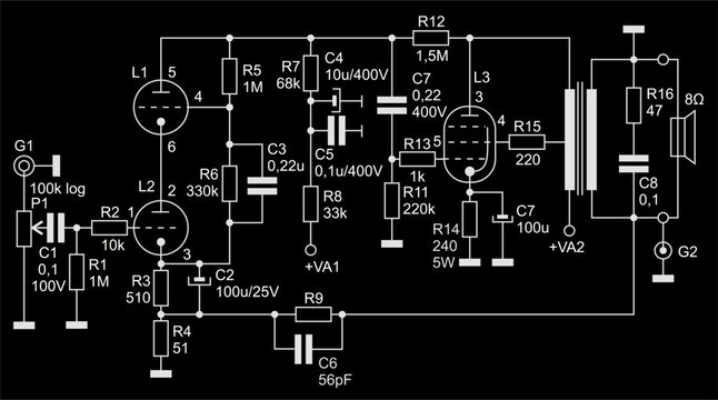 Technical schematic diagram of analog electronic device. Vector drawing electrical circuit with 
lamp, capacitor, resistor, microphone, other electronic components.
