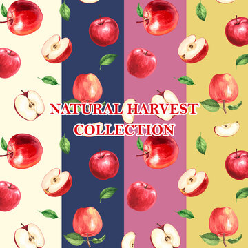 Sweet watercolor red apple fruit seamless pattern collection, 4 colorways