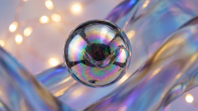 Close up of iridescent chrome metallic sphere with holographic rainbow reflection on wavy glass background with bokeh lights. Futuristic abstract crystal ball with colorful reflections, luxury and fes