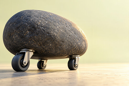 Heavy Rock on Caster Wheels, Moving a Heavy Load, Mobility and Problem Solving Concept with Copy Space