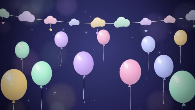 Pastel balloons floating in a navy night sky under a cloud garland