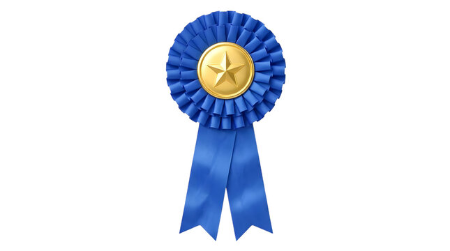 Blue rosette award with golden star isolated on transparent background