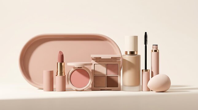 Set of luxury cosmetic makeup products with lipstick foundation and eyeshadow palette. makeup combo offers
