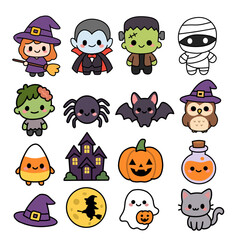 Obraz premium Cute Halloween character collection featuring kawaii witch, vampire, Frankenstein, mummy, zombie, bats, ghost, pumpkin and spooky icons. Fun clipart for stickers, cards, posters, merchandise
