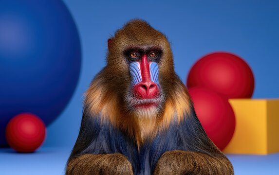 Colorful Monkey with Red and Blue Face Sitting in Front of Blue and Red Balls with a Smiling Expression