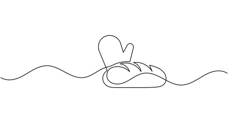 Obraz premium Oven glove with bread continuous one line drawing minimalist bakery food outline editable stroke vector illustration