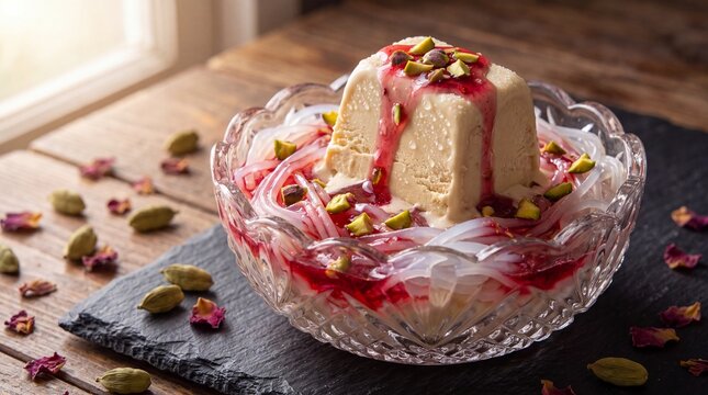 Traditional kulfi falooda dessert with noodles and rose syrup in a crystal bowl, generative AI