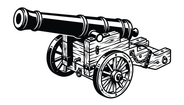 Vintage cannon illustration in black and white vector art.