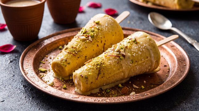 Creamy malai kulfi ice cream bars with pistachios on a vintage copper plate, generative AI