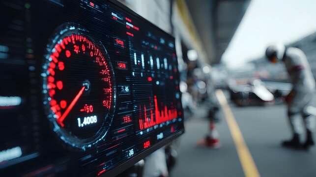 Digital telemetry screen displaying real-time speed data in a professional racing pit lane area