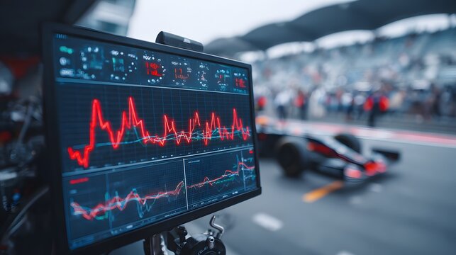 Digital telemetry screen displaying real-time performance data at a professional race track event