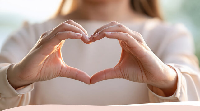 Woman forming heart shape with hands, expressing love and affection in soft light