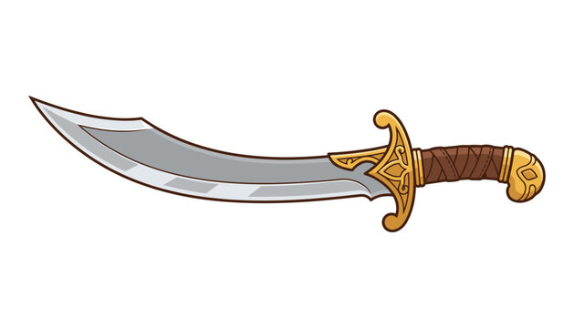 Curved sword with golden hilt and brown grip on transparent background.