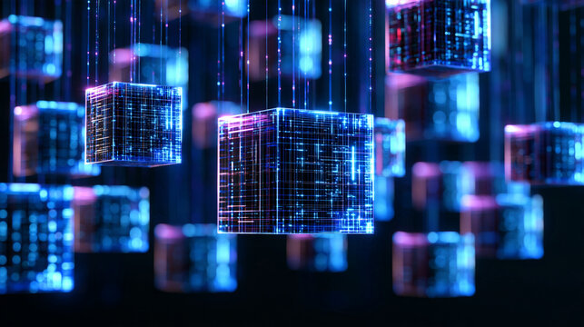 Abstract blockchain background with floating holographic cubes connected by luminous digital threads, decentralized network infrastructure, distributed ledger technology,