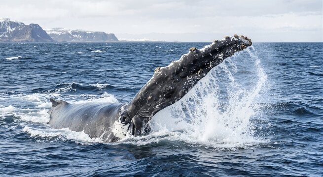 Whale slapping water with flipper. Marine biology and ocean research