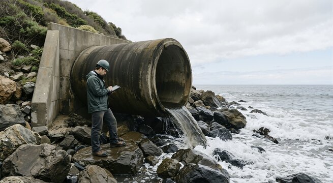 Storm drain outfall at ocean shoreline. Water infrastructure and civil engineering