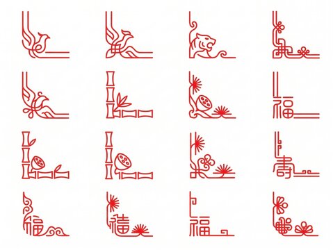 Red oriental chinese knot corners. Asian chinese, japanese, korean frame borders. Chinese line ornament vector corners set with geometric elements and square loops, endless knot pattern frame borders