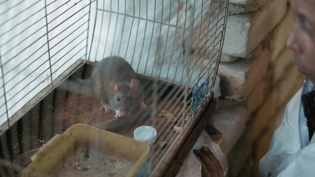 Caged rat sniffs around rusty enclosure beside small container of water while child watches through bars, depicting poverty, survival, and urban decay inside makeshift shelter with exposed bricks