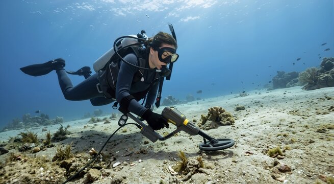 Diver using yellow metal detector above sandy seabed. Underwater search with black gloves