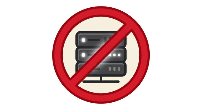Flat vector illustration of a dark grey server rack inside a thick red prohibition circle. Minimalist off-white background suitable for anti-data center campaign logos or stickers.