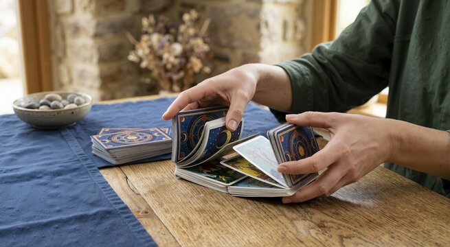 Hands shuffling divination cards. Tarot deck and symbolic reading practice
